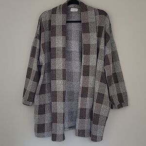 Dress Forum Buffalo Plaid Cardigan. Size L Brown & Gray Open Front Shawl-Collar